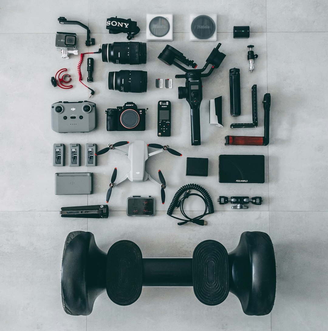 Flat lay of professional camera and filmmaking equipment